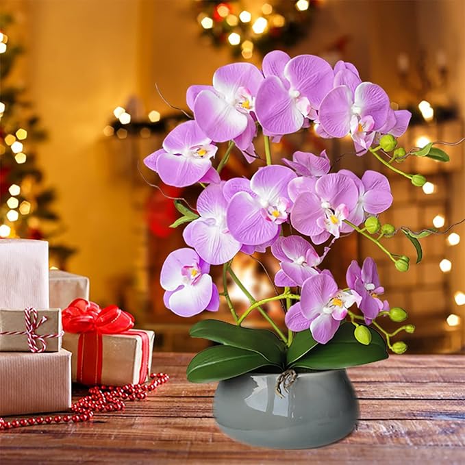 SJC Orchids Artificial Flowers with Gray Vase Purple Faux Orchid Phalaenopsis Arrangements for Kitchen Table Centerpiece Home Decoration Indoor(3.54" D x 7.87" W x 20" H)-Ruum Studio Home