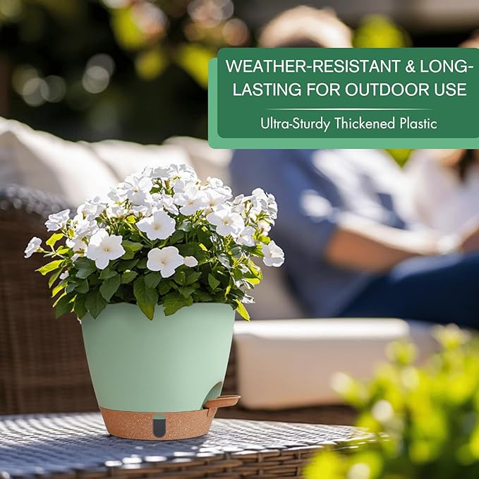montresor 2 Pack 8 inch Plant Pots, PP Plastic Self Watering Plant Pot with Drainage and Tray for Indoor Outdoor Plants, Water Level Window & Reservoir Flower Pots Decorative Planter (Green)-Ruum Studio Home