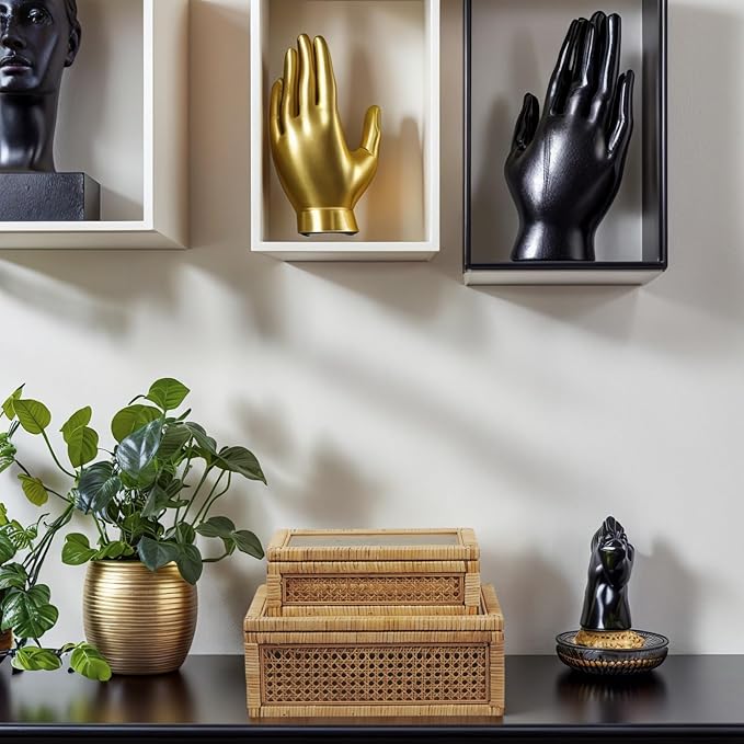 Rattan Box for Home Decor with Lid - Rectangular Coastal Bohemian Style Stackable Decorative Storage Box Set - Handmade from Natural Rattan, Cedar & Real Glass-Ruum Studio Home