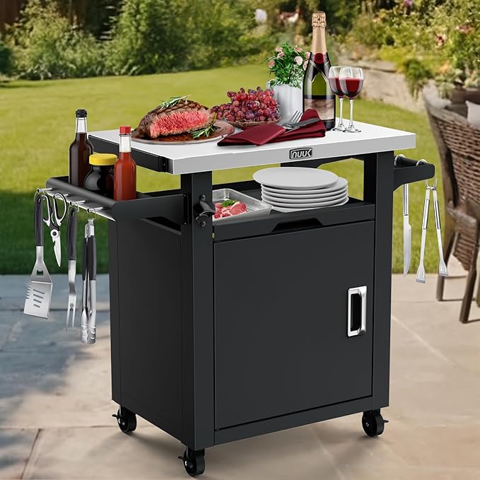 NUUK Grill Carts Outdoor with Enclosed Cabinet and Storage Drawer, Portable Patio Bar Cart with Wheels Stainless Steel Kitchen Storage Island 20" x 30" Rolling Prep Station for BBQ, Deck, Backyard-Ruum Studio Home