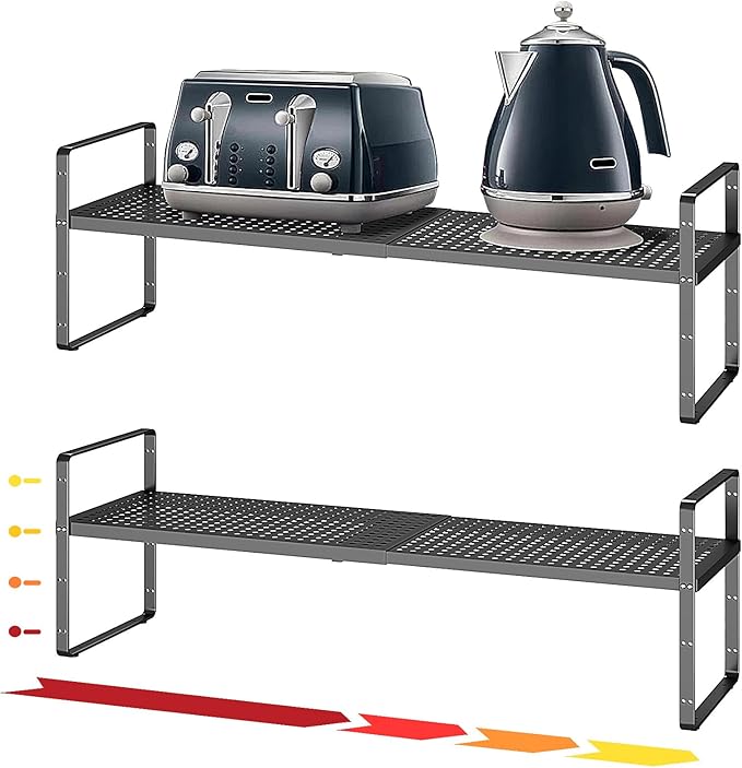 Hole Pattern Expandable Shelf Organizer,2Pack 8.1" Wide Easy to Assemble Cabinet Organizer Shelf, 16.5~27.1" Adjustable Height&Stackable Spice Organization for Cupboard, Black-Ruum Studio Home