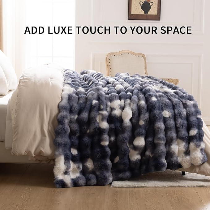 Cozy Faux Fur Throw Blanket for Bed Warm Fuzzy Throw Blanket, Soft Plush Thick Bubble Blankets for Bedroom and Living Room, Furry Luxury Blanket, 90 x 90,Tie-Dye Blue-Ruum Studio Home