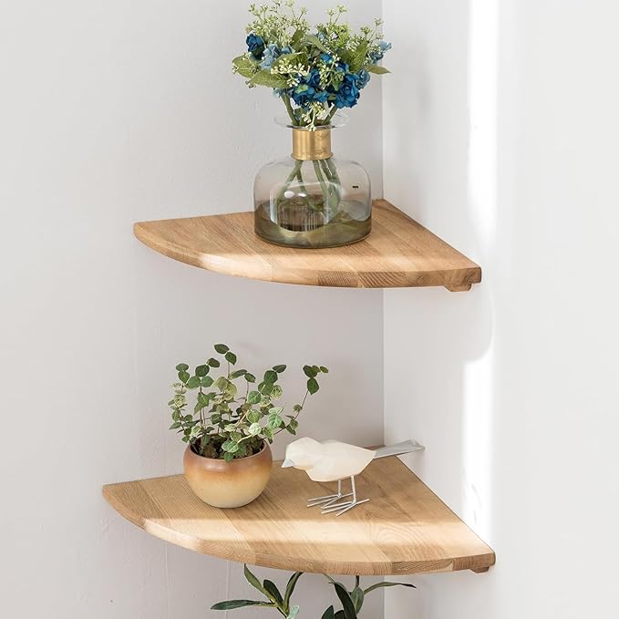 Corner Shelves, Floating Corner Shelf, Set of 2 Solid Oak Wood Wall Shelves, Round End Wall Mount with Wire Hole Shelving for Small Plant for Bedroom Kitchen, Living Room (Oak, 7.1in 2P)-Ruum Studio Home