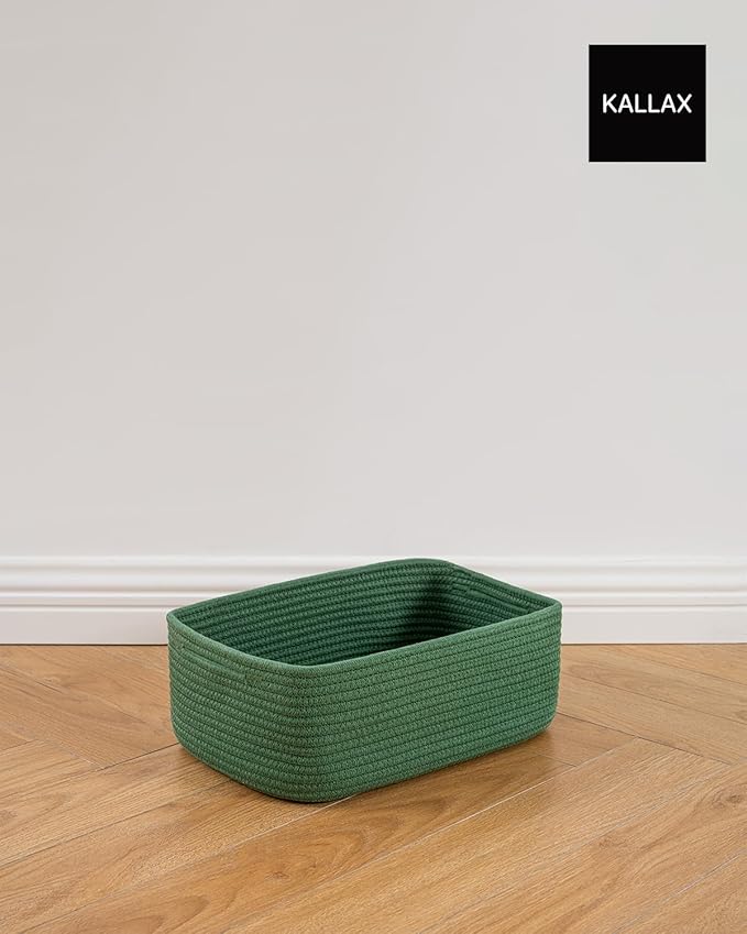 Small Woven Basket, 13.5 x 9.5 x 5 Inches, Storage Basket for Organizing, Cute Small Rope Shelf Closet Cube Storage Bins Baskets for Shelves, Dog Toy Gift Baskets Empty, 3 Pack, Green-Ruum Studio Home