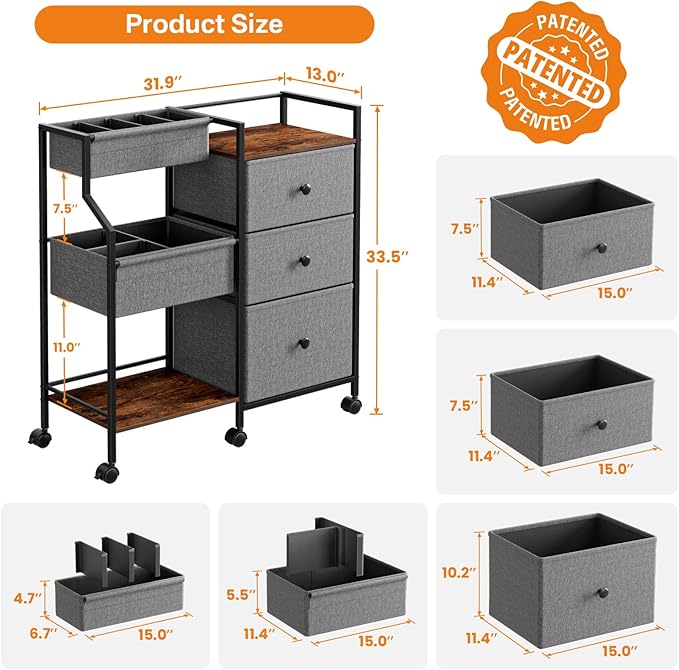 Baby Diaper Caddy Organizer and Storage - 3 Tier Rolling Cart with Dividers and Drawers, Easy To Assemble, Mobile Utility Cart with Wheels for Nursery, Bedroom, Changing Table & Crib-Ruum Studio Home