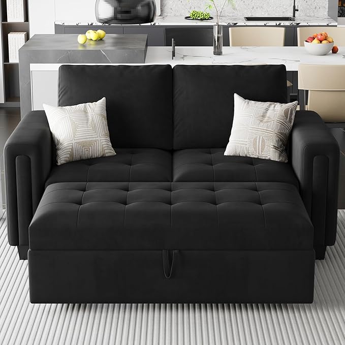 Belffin Modular Sectional Sleeper Sofa with Pull Out Couch Bed Modular Sleeper Loveseat Sectional Sofa Velvet Fabric for Living Room Apartment Black-Ruum Studio Home