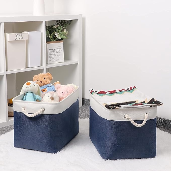 Bidtakay Fabric Storage Baskets with Handles for Organizing 16" x 11.8" x 11.8" Navy Blue Baskets [2-Pack] Shelf Baskets Large Canvas Collapsible Bins for Closet (White&Blue)-Ruum Studio Home