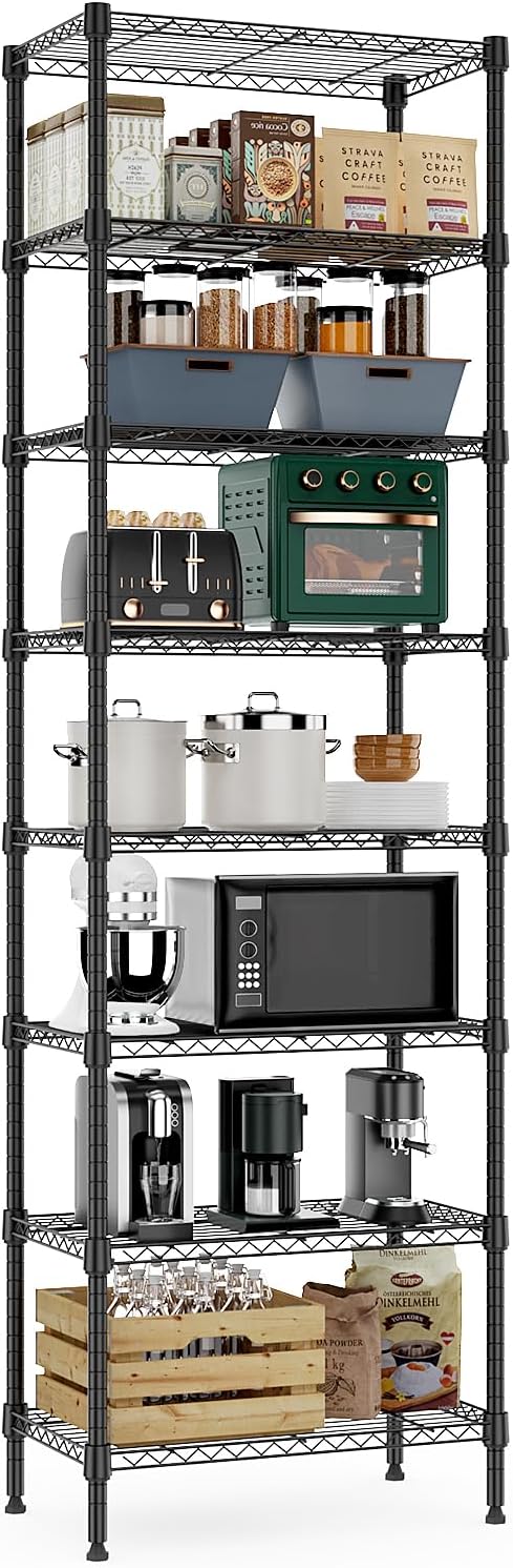 8 Tier 2000 lbs Storage Rack Metal Wire Shelving Unit, Storage Standing Shelf Organizer for Laundry Bathroom Kitchen Pantry Closet Garage Basement Utility Room, Black 13.8" D x 23.6" W x 79.5" H-Ruum Studio Home