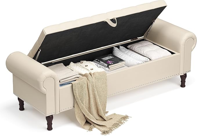 Storage Ottoman Bench for Bedroom, 60" Upholstered Bedroom Bench with Rolled Arms and Vintage Rivets, Large Storage Chest for Living Room, Bedroom, Entryway, Beige-Ruum Studio Home