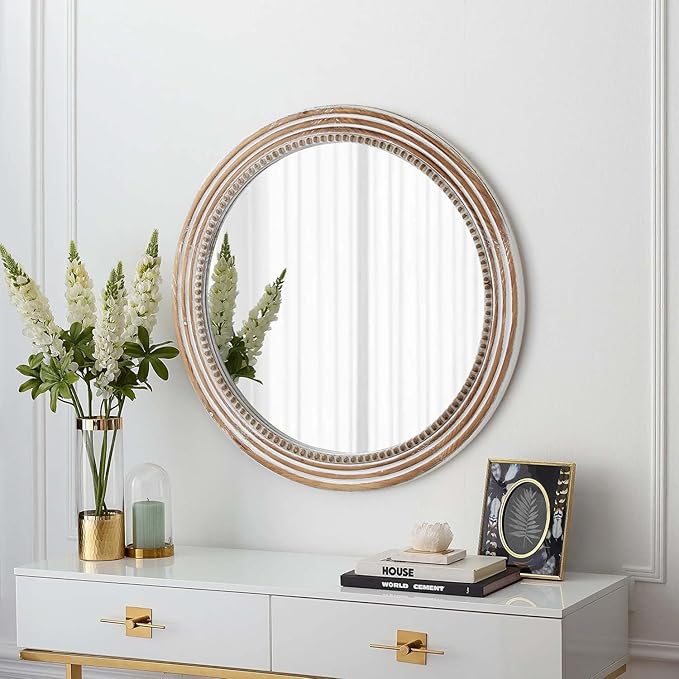 24 Inch Rustic Round Mirror - Farmhouse Vintage Bathroom Vanity Mirror, Wall-Mounted Round Mirrors for Bathroom Sink, Bedroom & Living Room and Framed Decorative Restroom Mirror-Ruum Studio Home