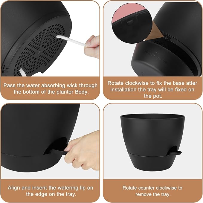 Plant Pots 10/9/8/7.5/7 Inch Self Watering Pots, Set of 5 Plastic Planters with Drainage Holes and Saucers,Plastic Flower Pots,Nursery Planting Pot for Indoor Out Door Plants(All Black)-Ruum Studio Home