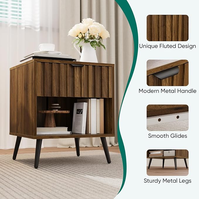 Smuxee Walnut Wooden Night Stand, Mid Century Nightstand with Fluted Drawer, Bedside Table with Open Shelf, Modern End Side Table for Bedroom-Ruum Studio Home