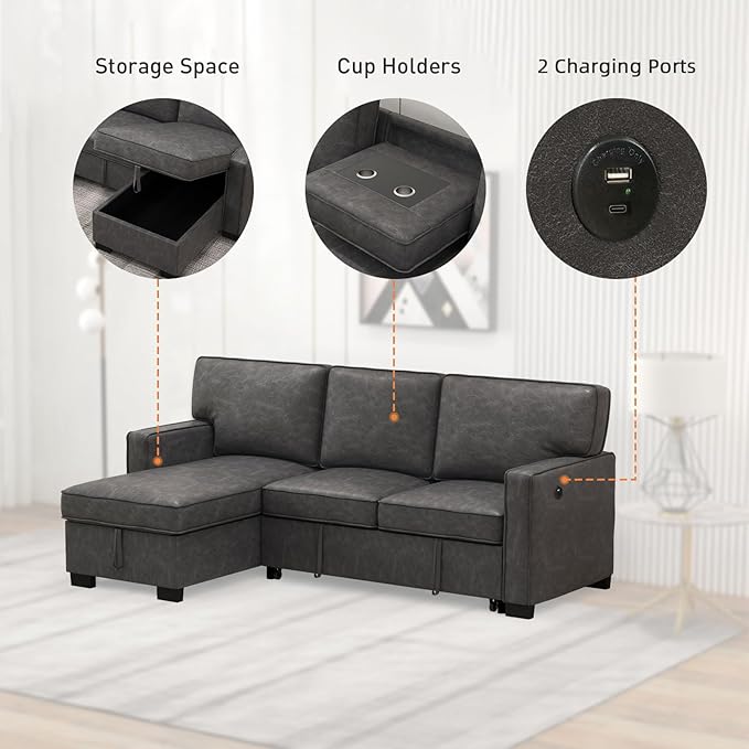 EBELLO Convertible Sleeper Sofa 3 in 1, Faux Leather Modern L-Shaped Couches for Living Room, Pull Out Sectional Futon Sofa Bed with Storage Space, USB Ports and Cup Holders for Bedroom-Ruum Studio Home
