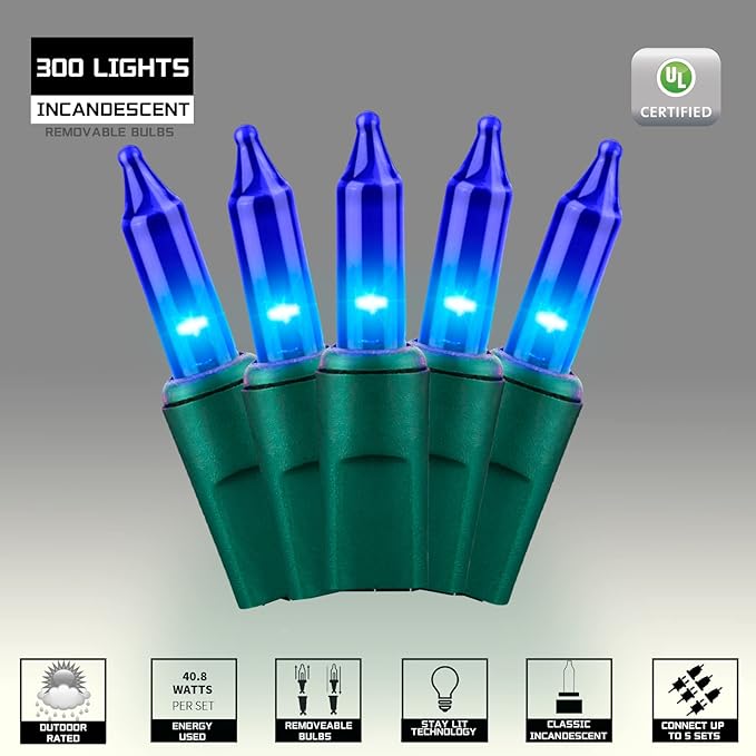 300LIGHTS(2*150L) Blue Extra-Bright with End Connectors Christmas Decorative Lights 19.44m UL Certified Mini String Light Set Waterproof for Home Garden Holiday Tree Party Patio Decor Wedding-Ruum Studio Home