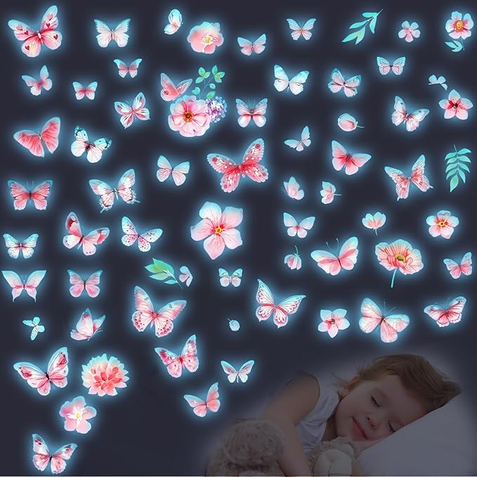 Glow in The Dark Butterfly Flower Wall Decals Glowing Luminous Butterflies Removable Self-Adhesive Wall Stickers for Girls Bedroom Nursery Living Room Decor 4 Sheets (Butterfly 2)-Ruum Studio Home