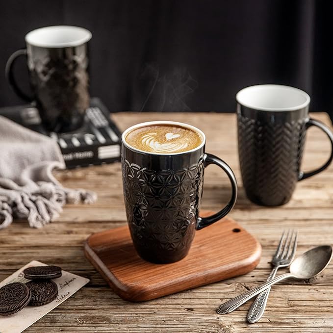 AmorArc Large Coffee Mugs Set of 6, 20oz Ceramic Tall Coffee Mugs Set with Textured Geometric Patterns for Coffee/Tea/Beer/Hot Cocoa, Dishwasher & Microwave Safe, Black&Beige-Ruum Studio Home