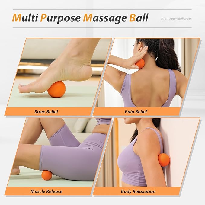 5 in1 Foam Roller Set, Trigger Point Foam Roller, Massage Roller Stick, Massage Ball, Resistance Band for Deep Muscle Massage Pilates Yoga,Fitness Exercise for Whole Body (Pure Orange)-Ruum Studio Home