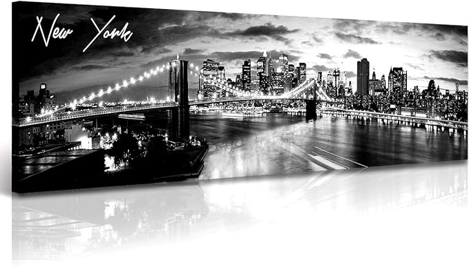 DJSYLIFE New York Skyline Wall Art - Brooklyn Bridge Night View - Black and White Nyc City Pictures Scape Artwork Painting Decoration for Bedroom or Office, Ready to Hang 13.8"x47.3"-New York1-Ruum Studio Home