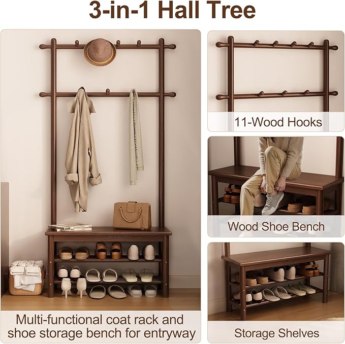 Hall Tree, Coat Rack with Shoe Storage, Wooden Hall Tree with Bench, 11 Hooks and 2-Tier Storage Shelves, Entryway Bench with Coat Rack (31.5" - Deep Walnut)-Ruum Studio Home