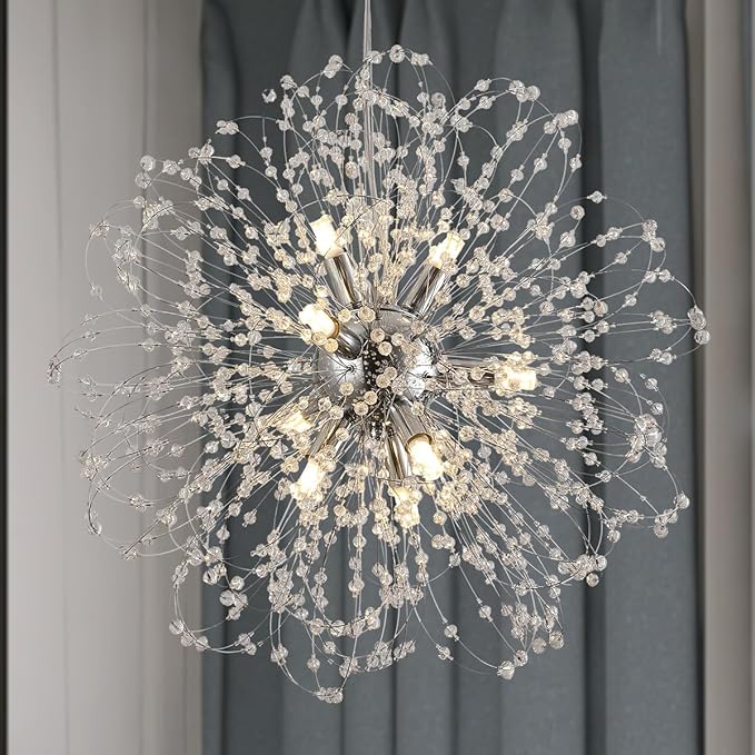 Sputnik Crystal Chandelier, Modern Beaded Ceiling Lamp with Chrome, Round Dandelion Pendant Light Fixtures for Living Room Bedroom Dining Room Farmhouse Kitchen Island (Chrome 9Lights)-Ruum Studio Home