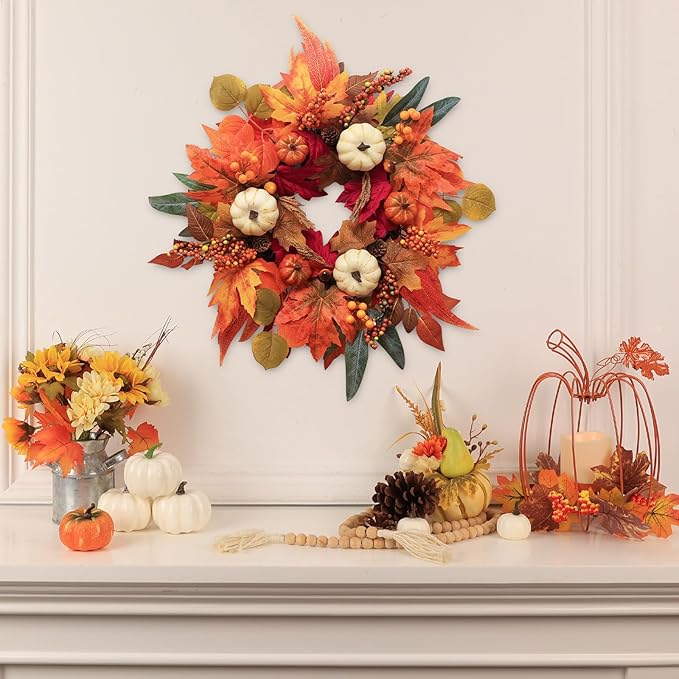 Fall Wreaths for Front Door, DECSPAS 21" Fall Wreath with Maple Leaves Pumpkin Berries, Autumn Decorations for Home, Artificial Harvest Door Wreath Outside, Window, Wall, Fireplace, Thanksgiving Decor-Ruum Studio Home