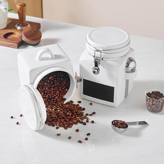 Ceramic Coffee Canister with Airtight Lid and Scoop, Large 78 Fl Oz / 2.3 L Kitchen Food Storage Container Jar for Grounds Coffee, Beans, Tea, Sugar, Flour, Cereal, Nuts, Cookie, White-Ruum Studio Home