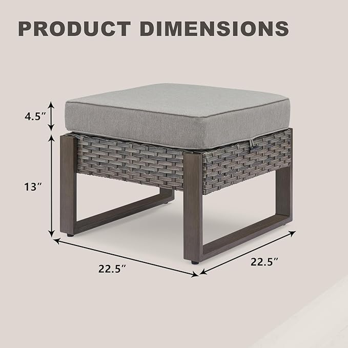 Outdoor Ottoman Wicker Patio Footrest - 2 Piece Wicker Footrest Footstools Set with Sturdy Frame,All-Weather PE Wicker, Thick Cushions for Deck Porch Garden(Mixed Grey/Grey)-Ruum Studio Home