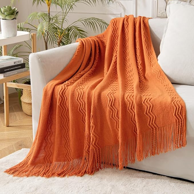 MIULEE Burnt Orange Knitted Throw Blanket for Couch Boho Textured Cozy Woven Blanket with Tassels for Sofa Chair Bed Living Room Fall Home Decor Farmhouse Acrylic Wave Pattern 50"x60"-Ruum Studio Home