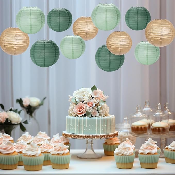Paper Lanterns Decorative, Sage Green Forest Tan Hanging Round Chinese Lanterns with Lights for Rustic Party Sage Green Birthday Party 12 LED Light Pack of 12-Ruum Studio Home