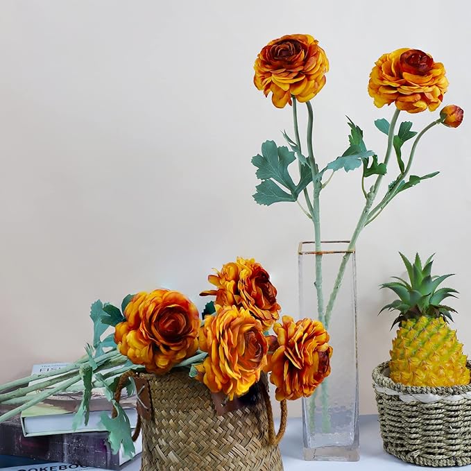 Artificial Flowers Ranunculus Long Stem Buttercup Silk Flowers 6 pcs for Home Decor and Wedding Decorations(Burnt Orange)-Ruum Studio Home