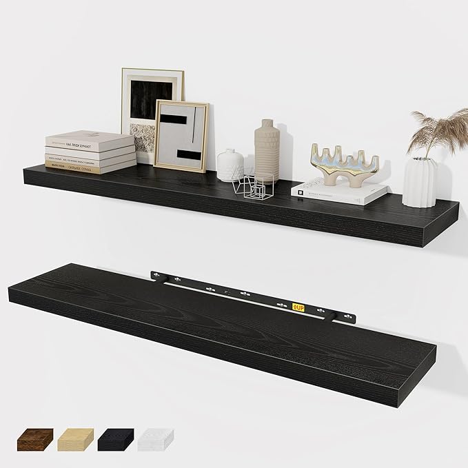 Black Floating Shelves Wall Shelf 40 Inch, 8 Inch Deep Floating Shelf for Wall, Farmhouse Black Wood Shelves Invisible Bracket for Living Room, Bedroom, Kitchen, 40 x 8 x 1.4 Inch, Set of 2-Ruum Studio Home