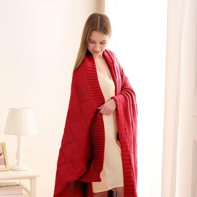 CozeCube Knit Throw Blanket,Christmas Red Checkered Bedroom Blanket for Couch,Soft Cozy Warm Knitted Blanket for Bed Sofa Living Room,Decorative Spring Fall Throw Blanket 60"X80",Christmas Red-Ruum Studio Home