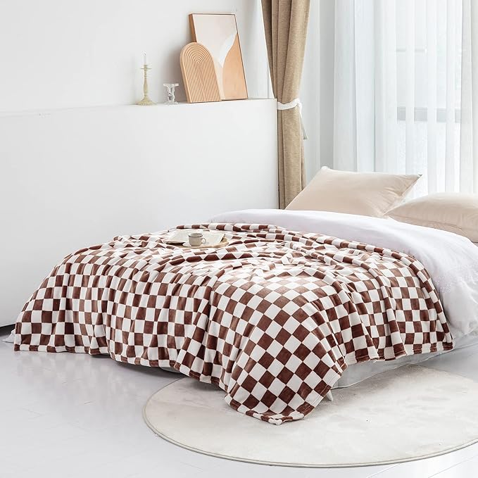 LOMAO Throw Blankets Flannel Blanket with Checkerboard Grid Pattern Soft Throw Blanket for Couch, Bed, Sofa Luxurious Warm and Cozy for All Seasons (Coffee, 50"x60")-Ruum Studio Home