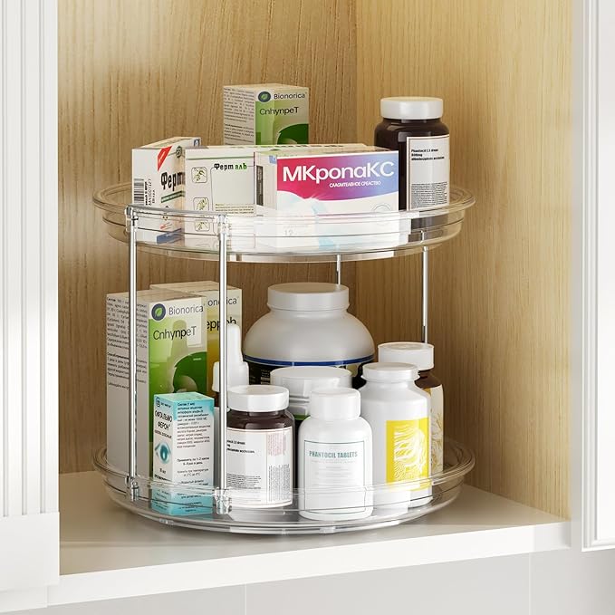 2 Pack 2 Tier Lazy Susan Organizer, 9.25'' Lazy Susan Turntable for Cabinet, Stackable Turntable Organizer Rotating Spice Rack Organization for Kitchen Countertop, Pantry, Bathroom, Clear-Ruum Studio Home
