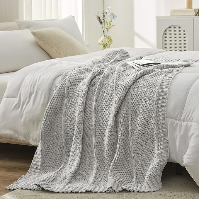 Amélie Home Chenille Knit Throw Blanket for Couch, Chevron Texture Decorative Soft Blanket for Sofa, Bed & Chair, 60"x80", Light Grey-Ruum Studio Home