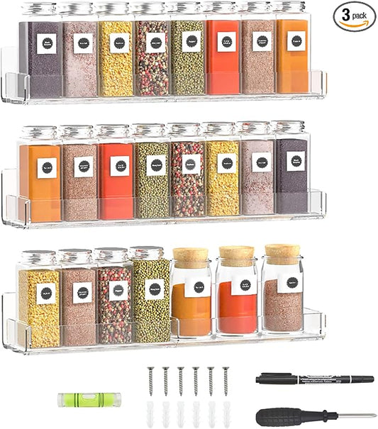 15 Inch Acrylic Spice Rack Wall Organizer Set of 3, Clear Acrylic Wall Shelf for Home Organizer, Floating Shelf for Bottle Display, Jars, Spice, Wine, Books, Toiletries-Ruum Studio Home