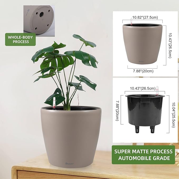 Dexceder 11x10 Inches Self Watering Planter Indoor Outdoor, Inner Pot Design, Thickened Table Flower Plant Pot with Water Level Indicator (Taupe Matte)-Ruum Studio Home