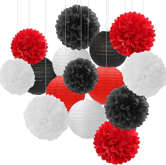 Red-Black White Party-Decorations Paper Flowers Lanterns - 15PCS Halloween Birthday Tissue Pom Poms Streamers,Wedding Baby Bridal Shower Hanging Supplies Decor Hugfond-Ruum Studio Home