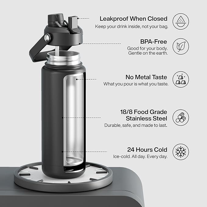Insulated Water Bottle with Straw Stainless Steel Water Bottle, Leak-Proof, BPA-Free, Double Wall Vacuum Keeps Cold for 24 Hours for Sports, Travel, School (32 oz, Black Night)-Ruum Studio Home