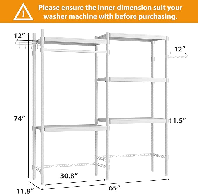 CABIHOME 5-Tier Over-The-Washer Shelf - Adjustable Height Laundry Organizer Space Saver, Double-Layer 100lb Shelves, 2 Hooks for Bathroom/Balcony (White)-Ruum Studio Home