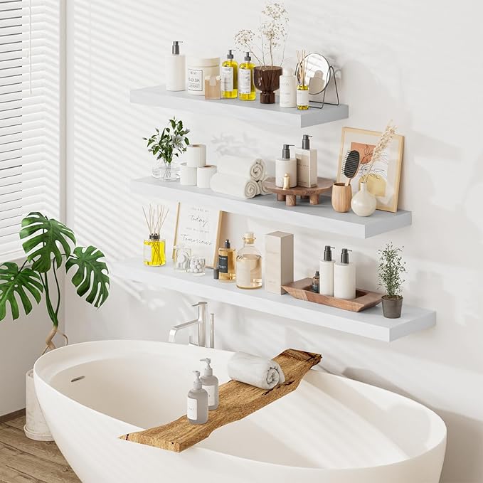 Heimlove 36 Inch Long Floating Shelf for Wall, 12" Deep White Floating Shelves Wall Shelves for Bedroom Living Room Bedroom, Wall Mounted Shelves for Storage Book Decor, Set of 2-Ruum Studio Home
