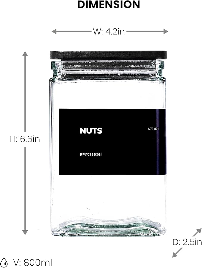 27 oz Glass Storage Jars with Bamboo Lid, set of 6, glass canisters with airtight lids, Clear jars with lids for Cookie, Candy, Tea, Coffee Bean and Rice, Black-Ruum Studio Home