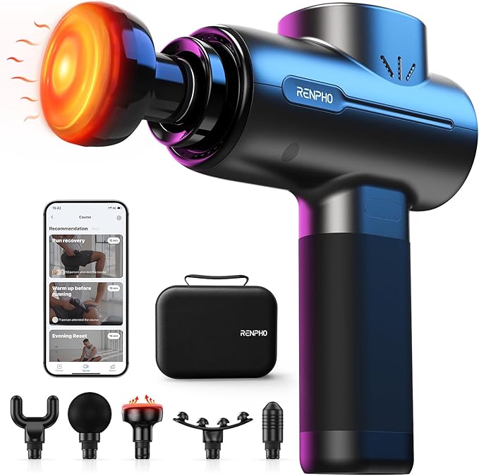 RENPHO Massage Gun with Heat, Portable Muscle Percussion Massager with Bluetooth for Back and Neck, 5 Replaceable Heads, Carry Case, Gifts for Men Women-Ruum Studio Home