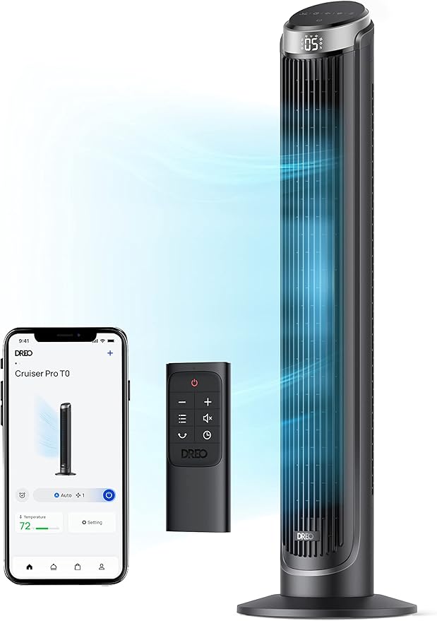 Dreo Smart Tower Fan for Bedroom, 90° Oscillating 40" Standing Fan, 26ft/s High-Speed 5 Speeds 4 Modes, Quiet Room Floor Fans, Touch/Remote/APP & Voice Control, Work with Alexa, 12H Timer, Silver-Ruum Studio Home