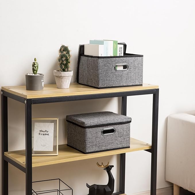 PRANDOM Storage Bins with Lids [3-Pack] Linen Fabric Foldable Storage Boxes Organizer Containers Baskets Cube with Cover for Home Bedroom Closet Office Nursery Grey（11.4X8.6X6.7-Ruum Studio Home