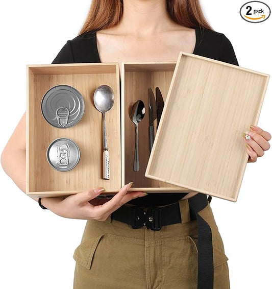 Stackable Bamboo Drawer Organizer Set – 2 Boxes with 1 Lid | Wood-Laminated Trays for Kitchen Utensils, Silverware & Flatware – Storage Fits Cabinets, Pantry, Bathroom & Office | 10.2"x7.3" (2-Pack)-Ruum Studio Home