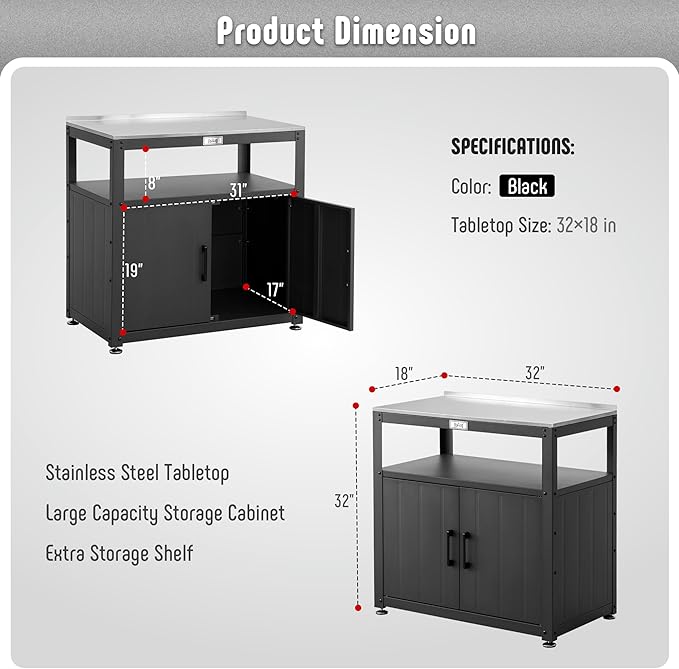 Garden Potting Bench with Storage Cabinet,Outdoor Gardening Table & Work Bench for Plants, Horticulture,Outdoor Workstation with Stainless Steel Tabletop,Outdoor Work Table-Ruum Studio Home