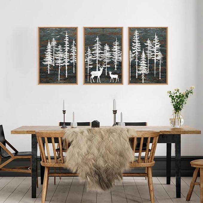 Celestdeco Modern White Forest Framed Canvas Wall Art Set, Minimalist Woodland Art Painting, Retro Tree Landscape Wall Decor, Wildland Deer Artwork for Living Room, Dining Room, Office - 24"x36"x3-Ruum Studio Home