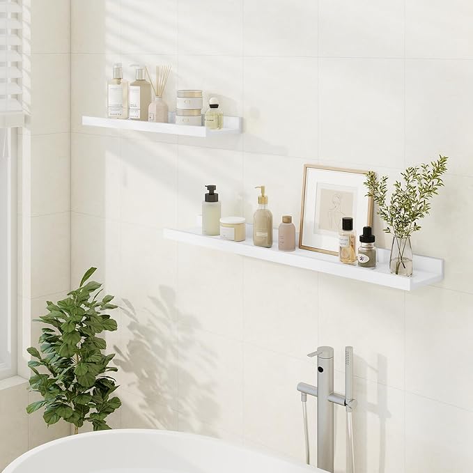 Floating Picture Ledge Shelves 24 Inch Solid Oak Wood Set of 2, Rustic Wall Storage Shelves with Lip, Kids Bookshelf, Photo & Picture Ledge Shelves for Bedroom, Living Room, Kitchen-Ruum Studio Home