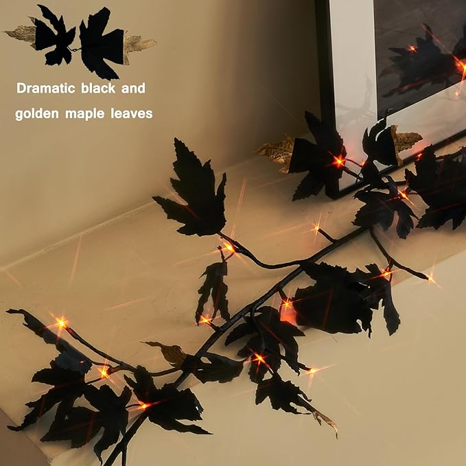 Birchlitland Halloween Black Maple Garland with Lights Timer 48 LED Orange and Warm White Fairy Lights, Battery Operated for Indoor and Outdoor Halloween Party Decoration-Ruum Studio Home